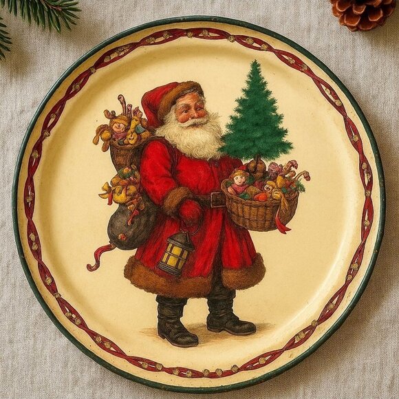 Christmas Santa Cookie Tray by Potpourri Press VTG Serving Platter Round Signed - Picture 1 of 12